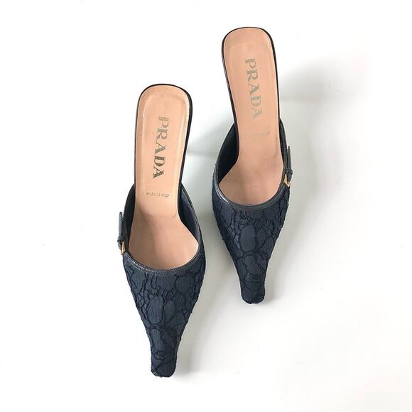 Prada Retro Vintage Buckle Lace Detail Pointed Toe Heeled Mules Pumps 39 - Picture 2 of 8